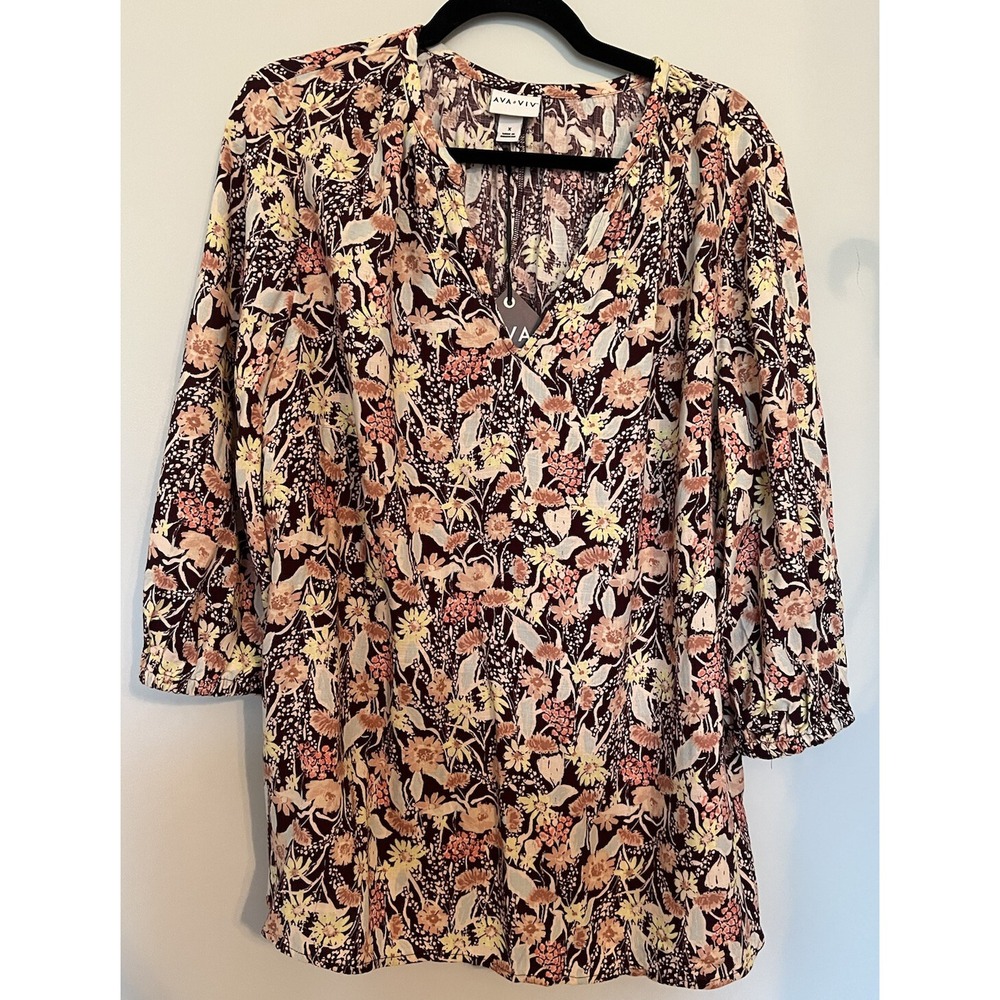 Ava & Viv Womens Plus Size‎ Sz X Floral V-neck Blouse 3/4 Sleeve Relaxed Fit